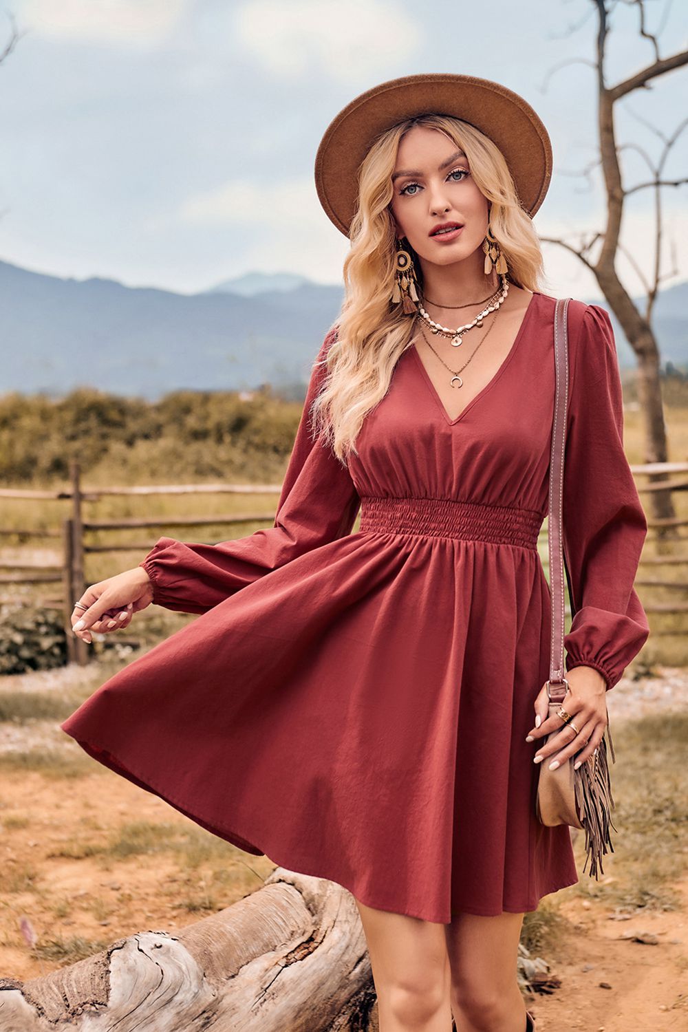 V-Neck Long Sleeve Smocked Waist Mini Dress - AllIn Computer