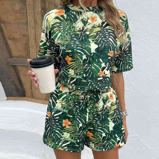 Floral Print Round Neck Dropped Shoulder Half Sleeve Top and Shorts Set - AllIn Computer