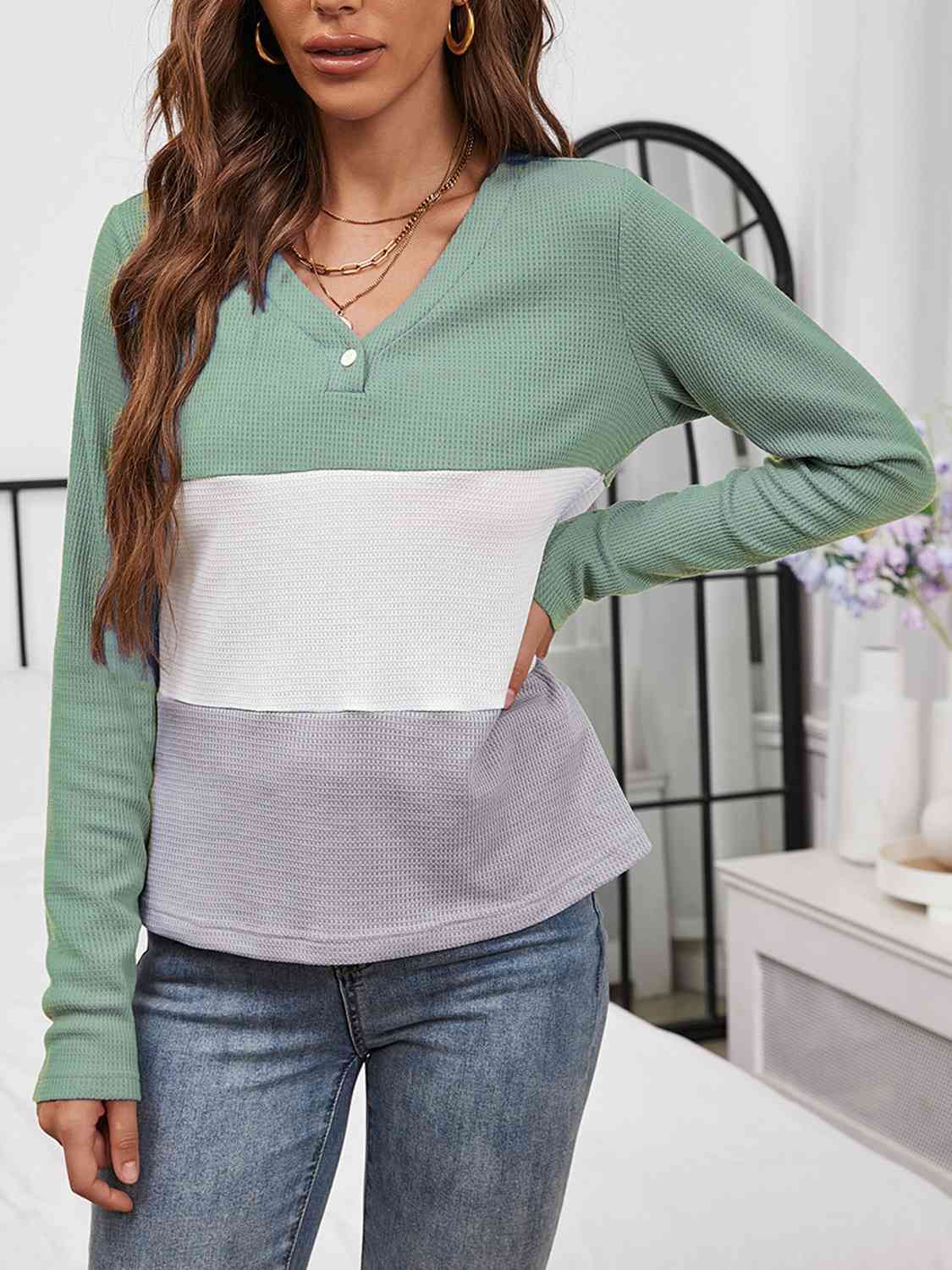 Color Block Long Sleeve Top - AllIn Computer