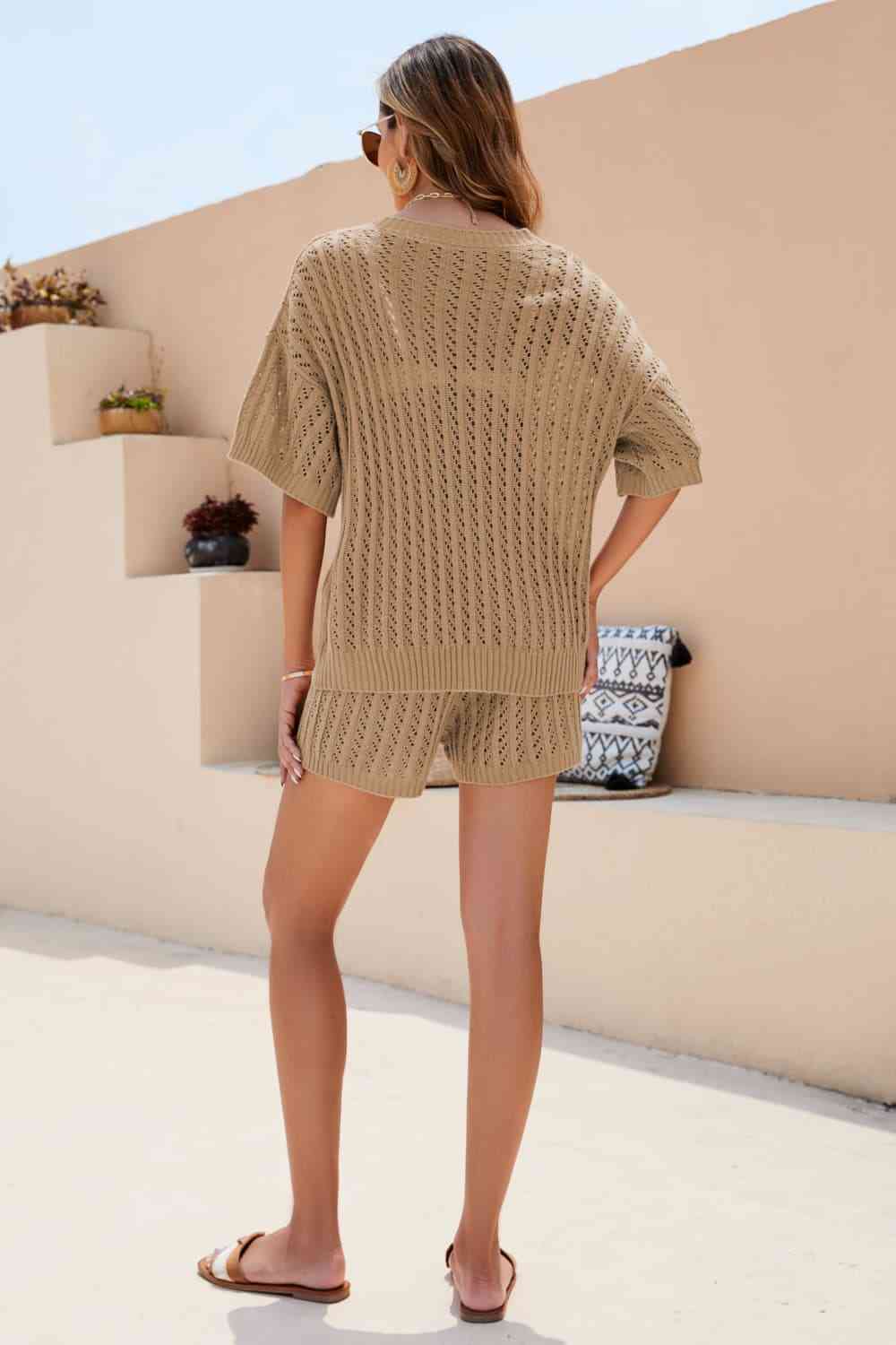 Openwork V-Neck Top and Shorts Set - AllIn Computer