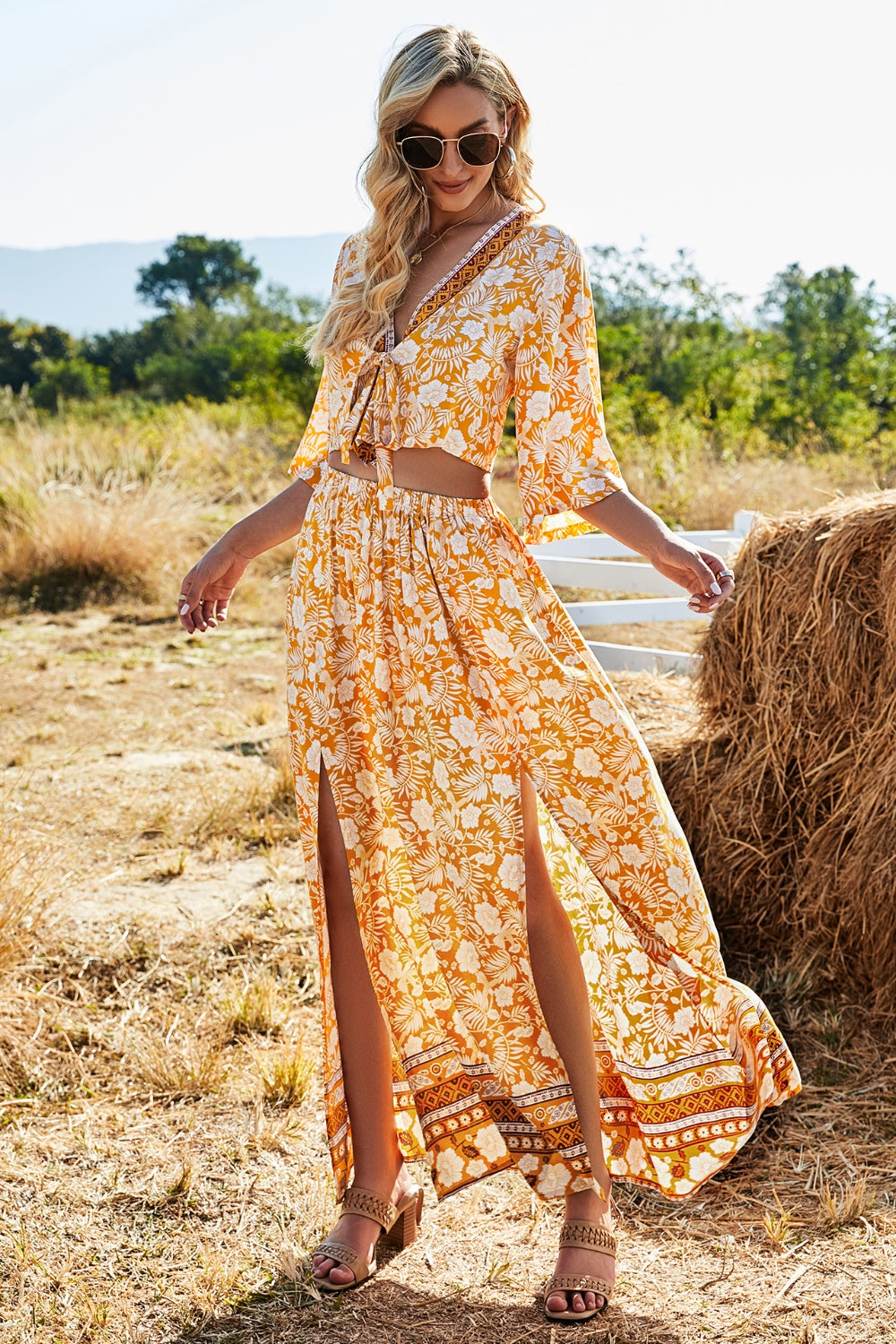 Printed Half Sleeve Top and Slit Skirt Set - AllIn Computer