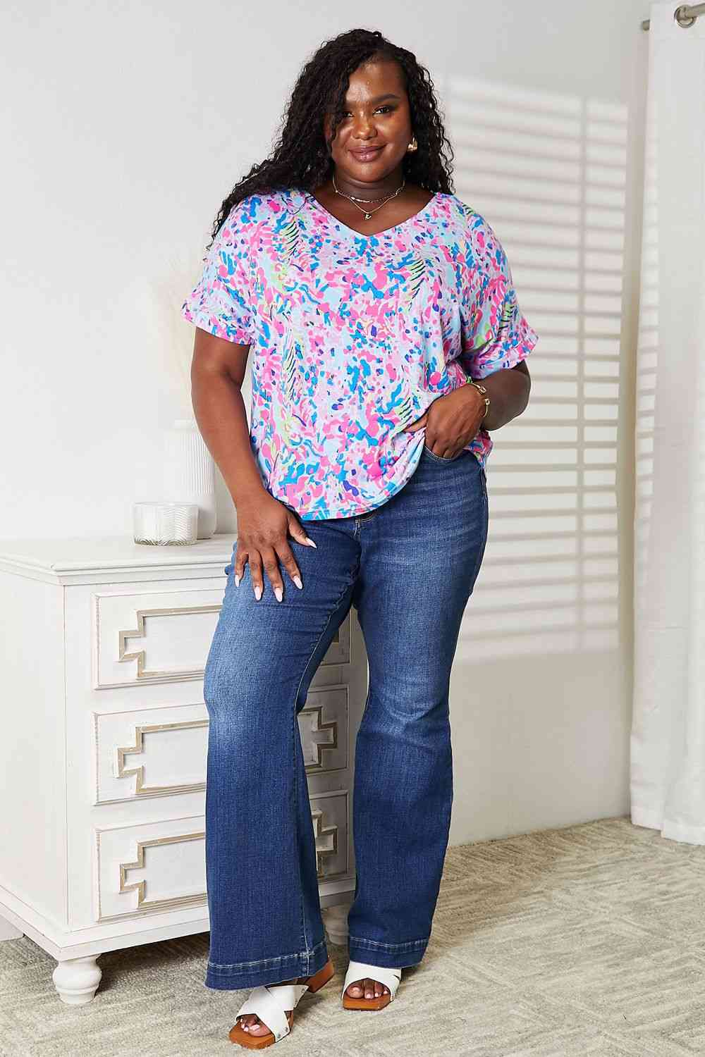 Double Take Printed V-Neck T-Shirt - AllIn Computer