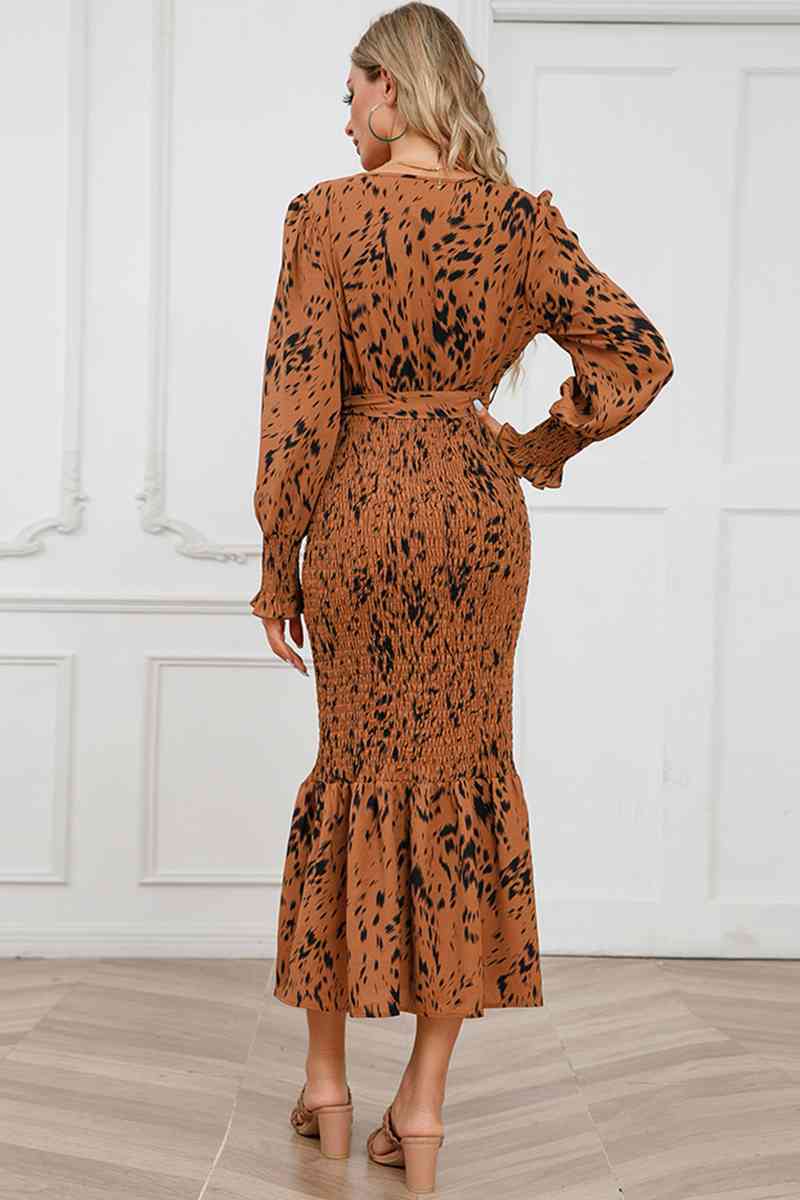 Printed V-Neck Smocked Midi Dress - AllIn Computer