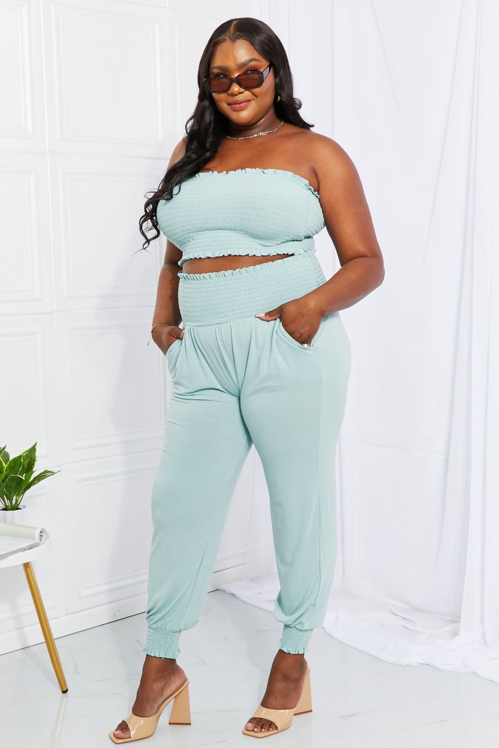 Zenana Full Size Stylish Comfort Smocked Tube Top & Jogger Set - AllIn Computer