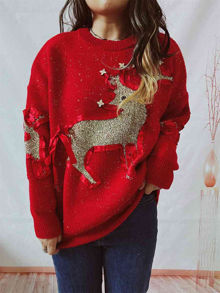 Reindeer Round Neck Long Sleeve Sweater - AllIn Computer