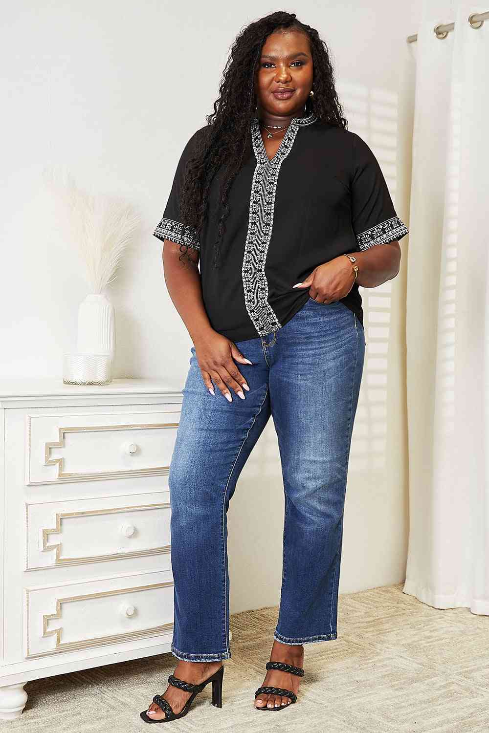 Double Take Embroidered Notched Neck Top - AllIn Computer