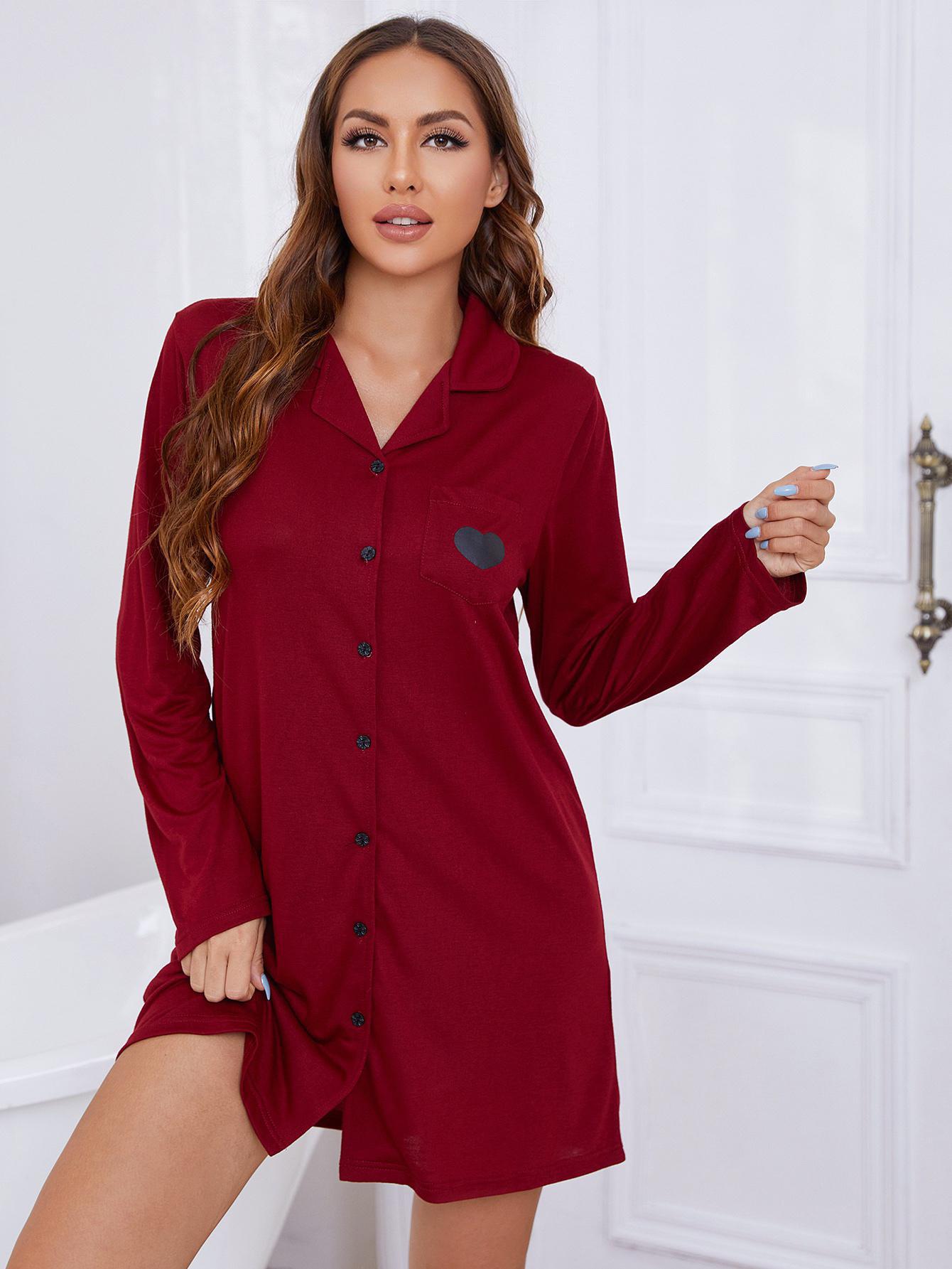 Heart Graphic Lapel Collar Long Sleeve Night Dress - AllIn Computer