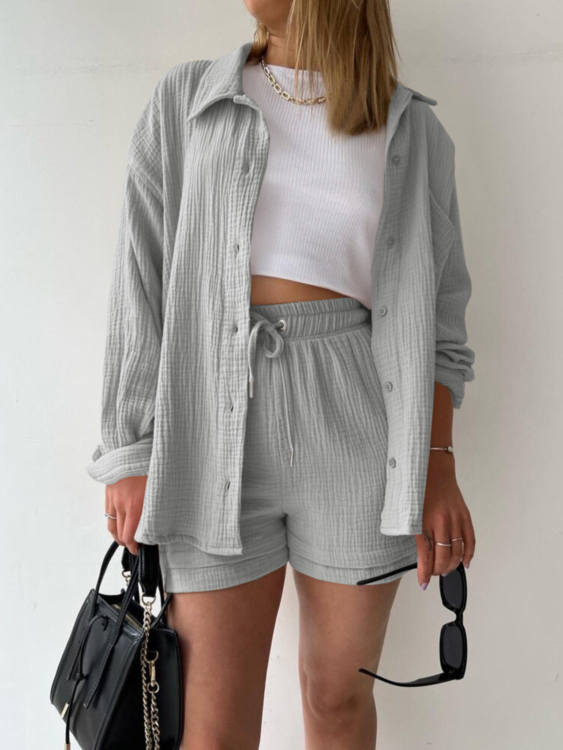 Texture Button Up Shirt and Drawstring Shorts Set - AllIn Computer