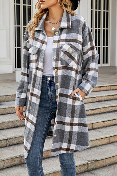 Plaid Button Up Collared Neck Coat with Pockets - AllIn Computer