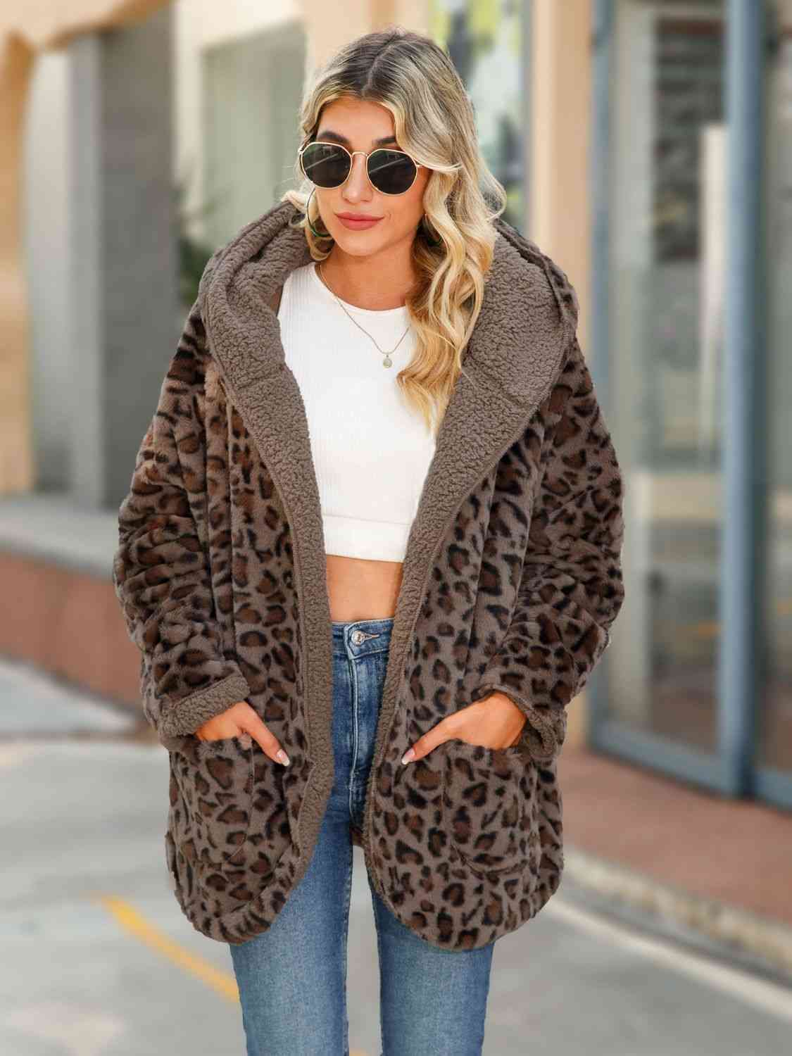 Leopard Hooded Coat with Pockets - AllIn Computer