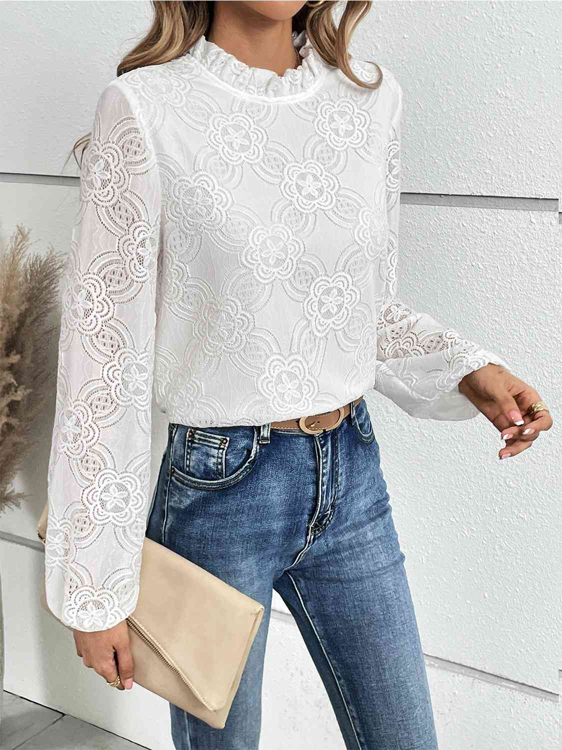 Eyelet Round Neck Long Sleeve Blouse - AllIn Computer