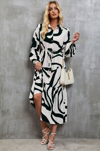 Tie-Waist Printed Button Up Dress - AllIn Computer