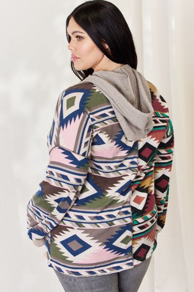 Celeste Full Size Geometric Exposed Seam Drawstring Hoodie - AllIn Computer