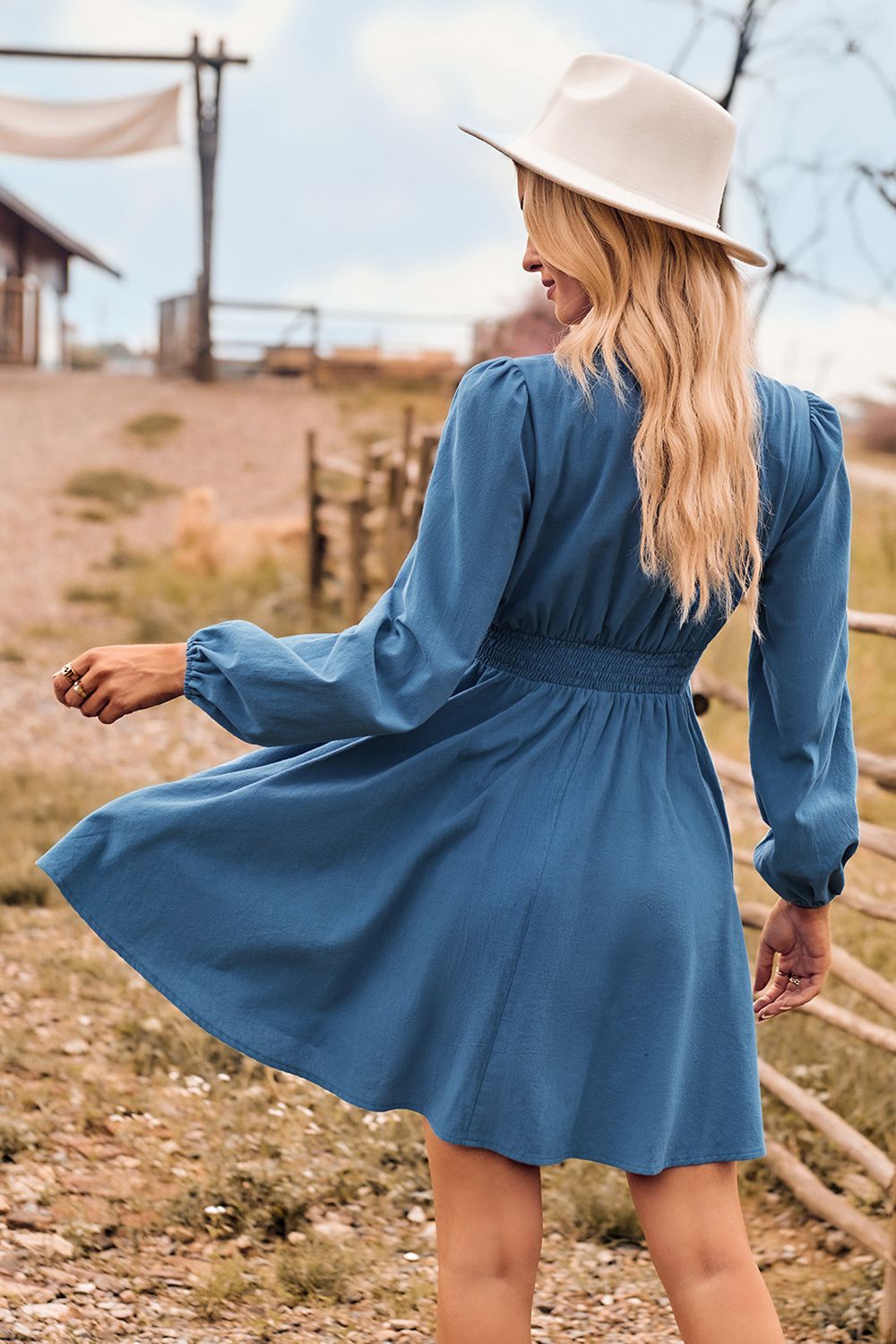 V-Neck Long Sleeve Smocked Waist Mini Dress - AllIn Computer