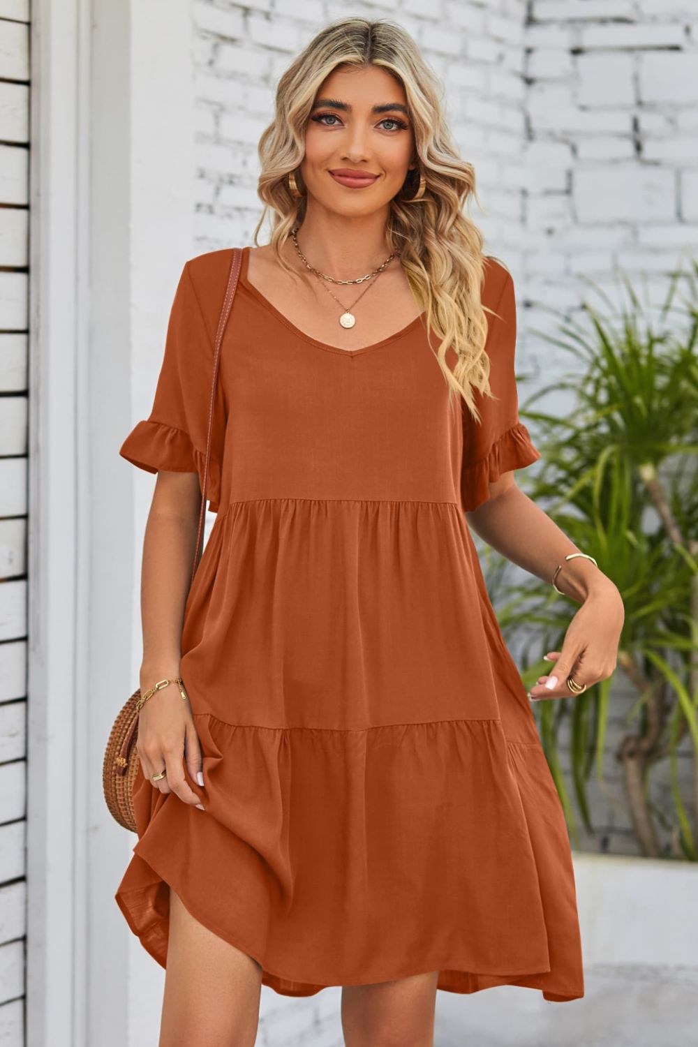 V-Neck Flounce Sleeve Tiered Dress - AllIn Computer