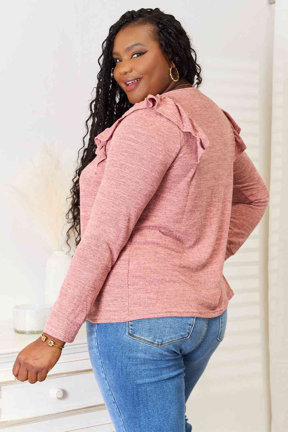 Double Take Square Neck Ruffle Shoulder Long Sleeve T-Shirt - AllIn Computer