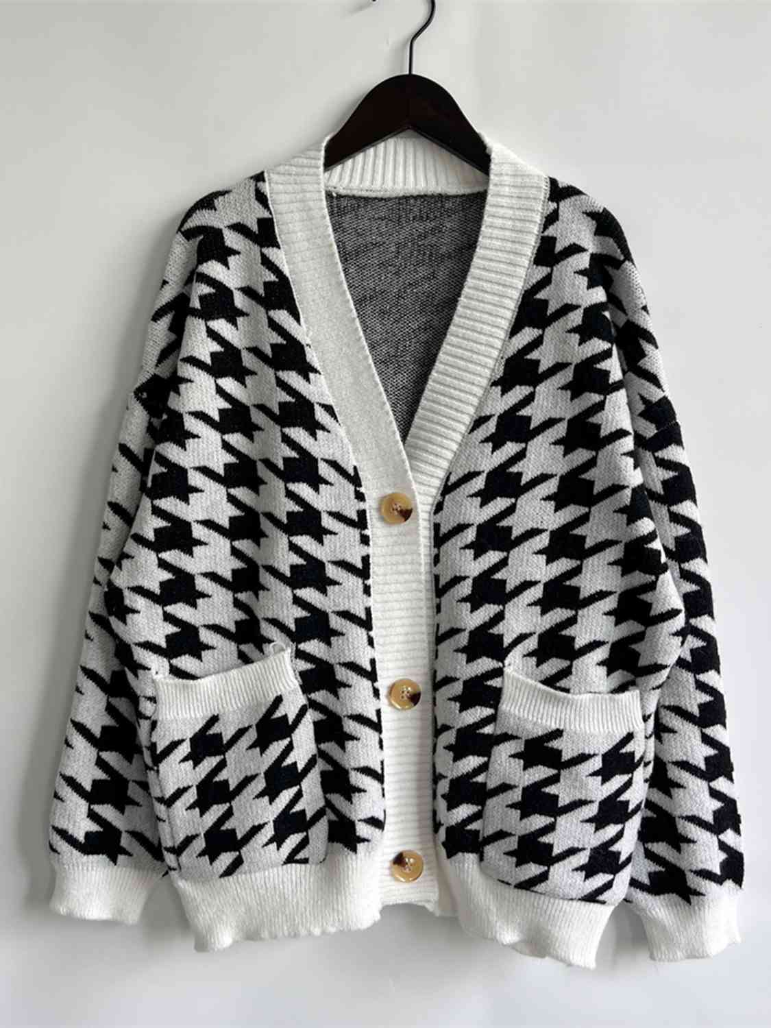 Houndstooth Botton Front  Cardigan with Pockets - AllIn Computer