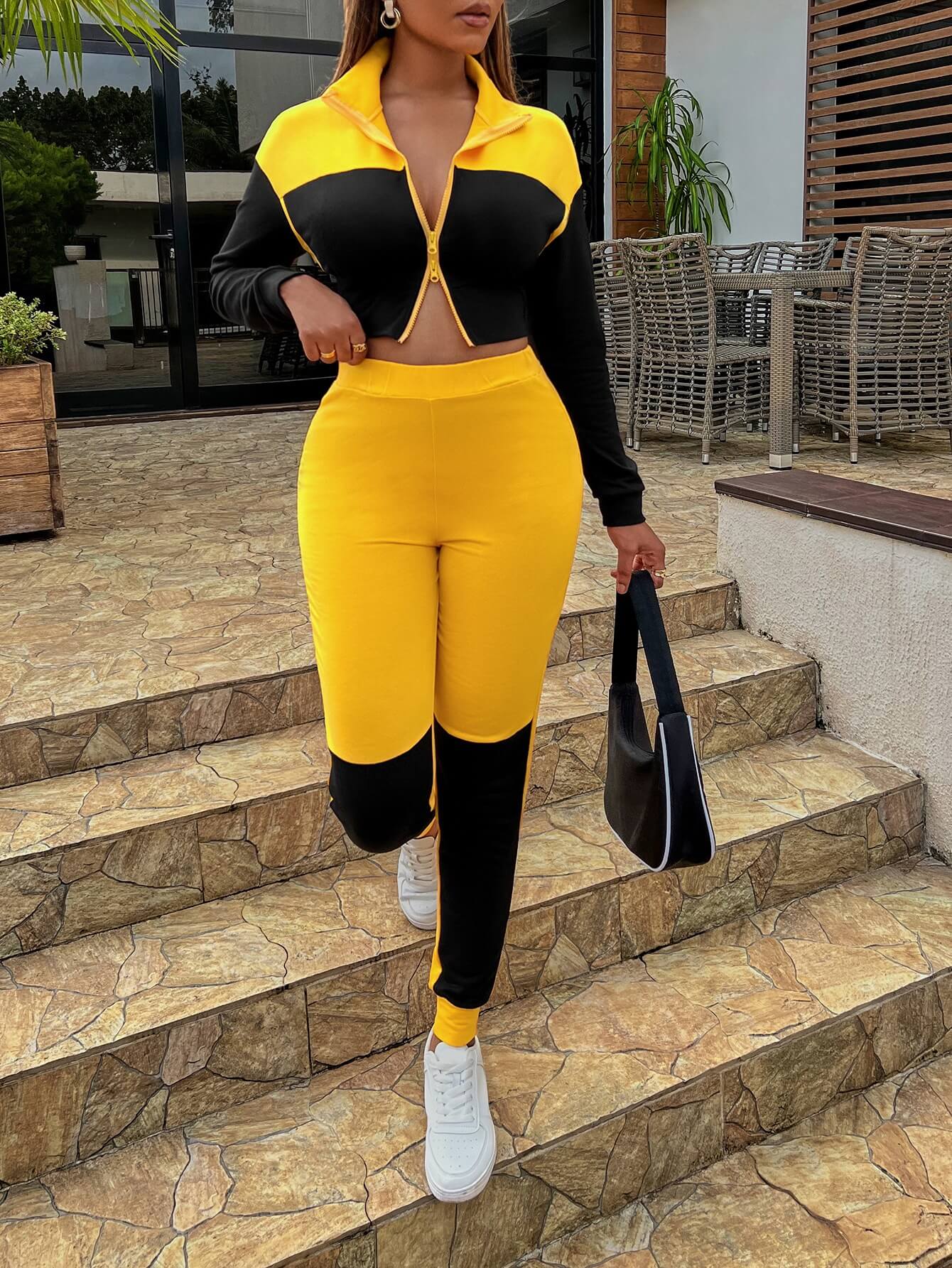Two-Tone Collared Neck Top and Joggers Set - AllIn Computer