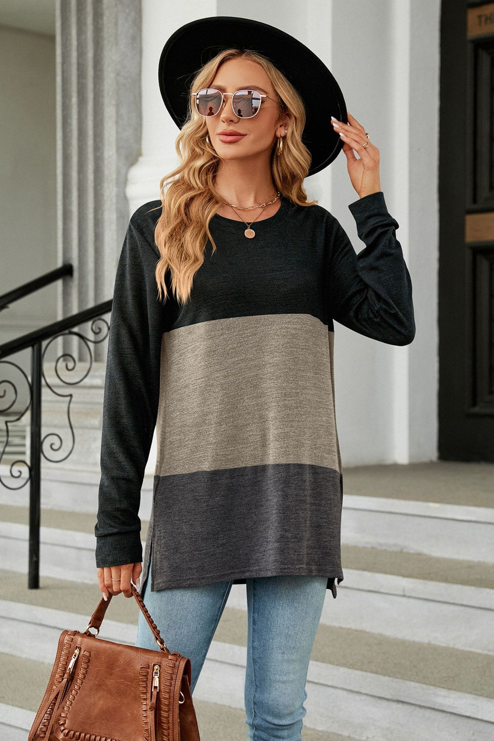 Color Block Round Neck Long Sleeve Slit T-Shirt - AllIn Computer