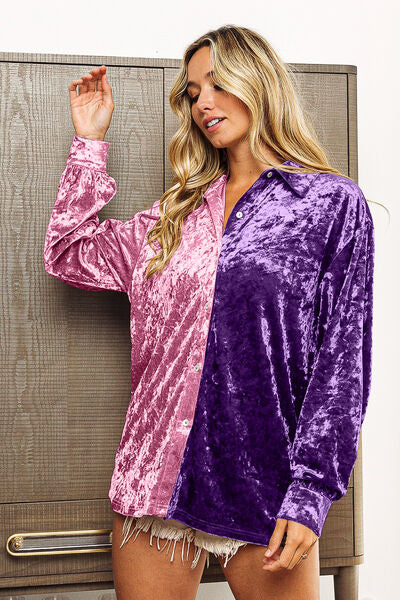 BiBi Contrast Button Up Long Sleeve Shirt - AllIn Computer