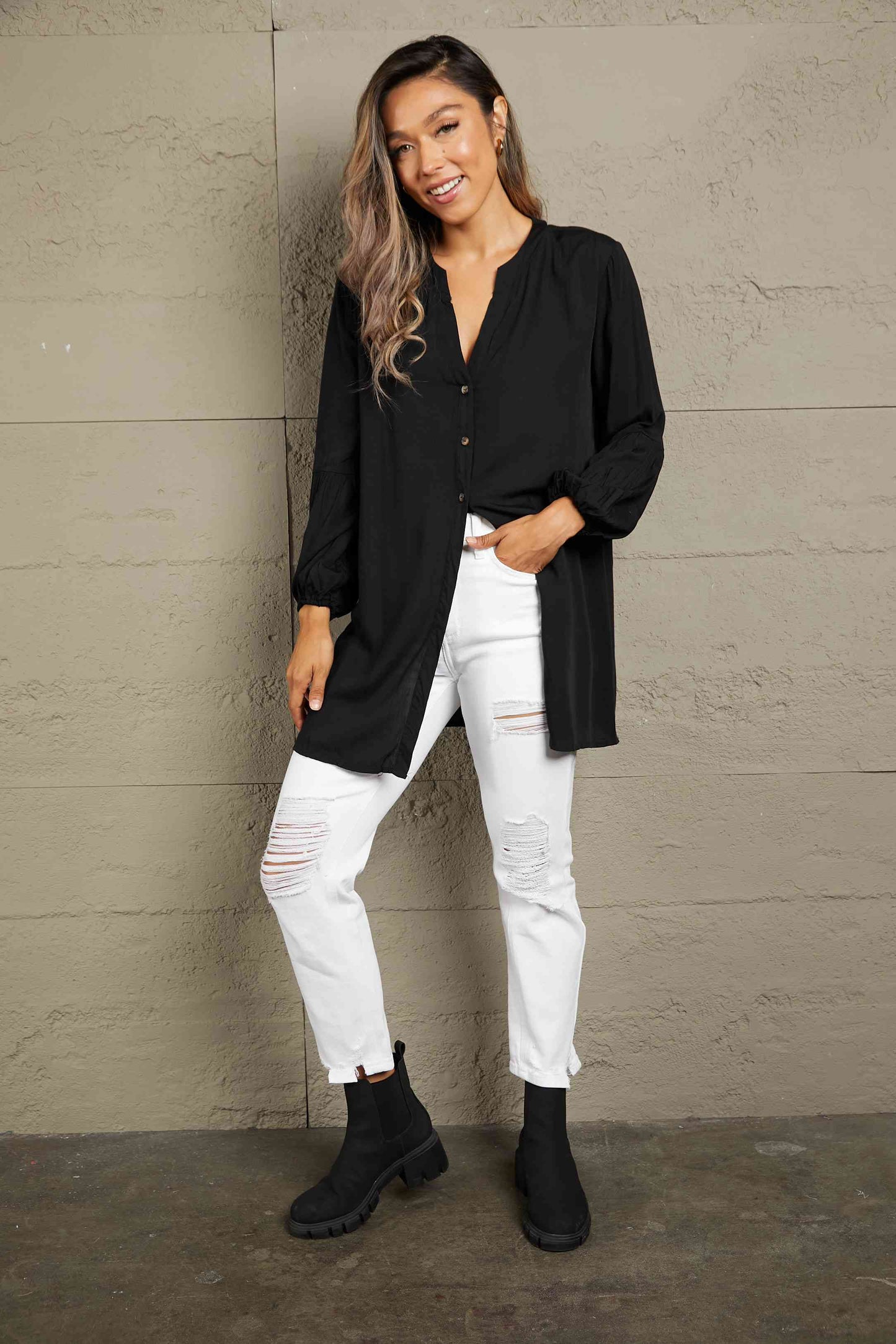 Double Take Notched Neck Balloon Sleeve Shirt - AllIn Computer