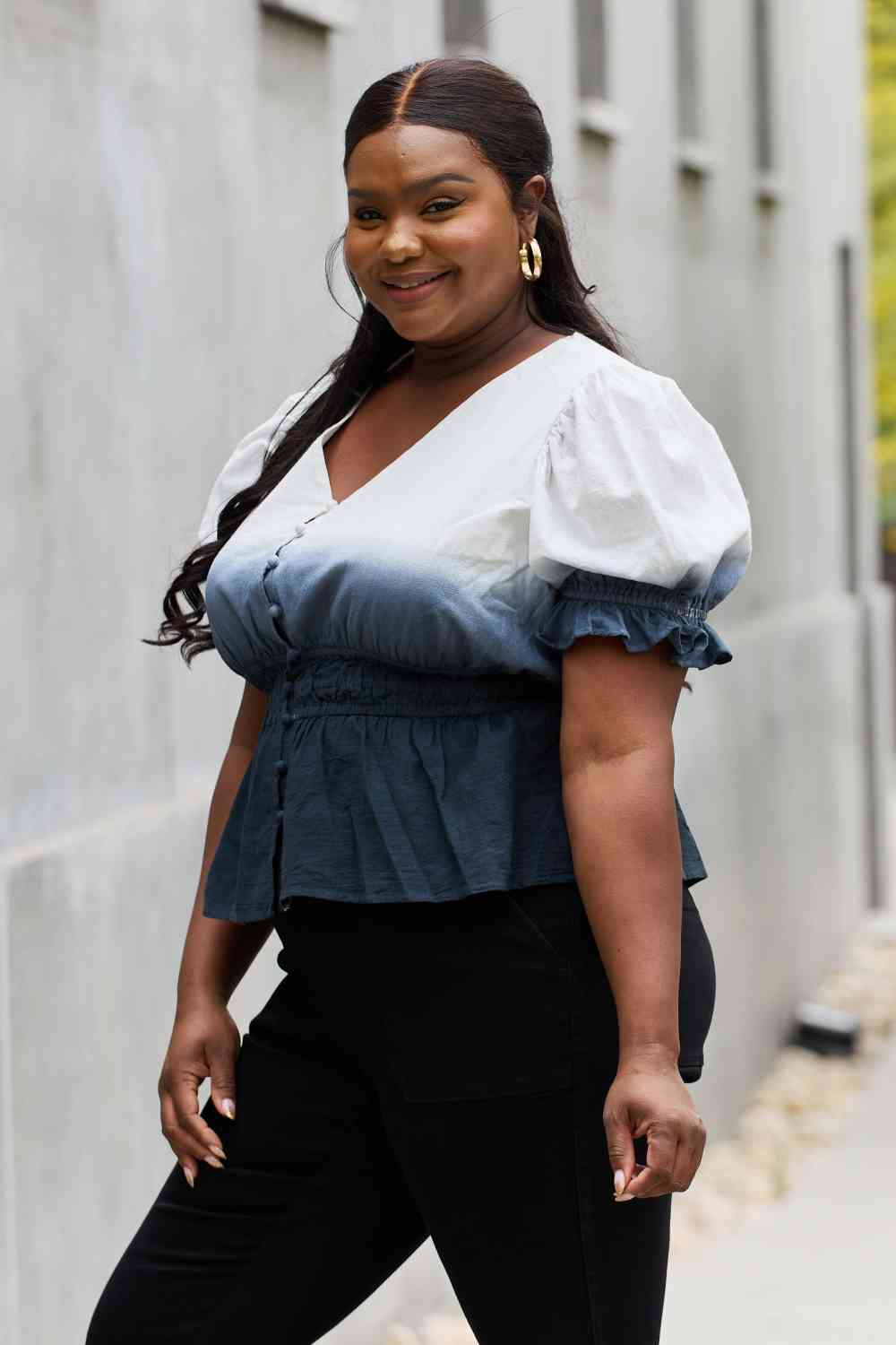 White Birch Full Size Smocked Waist Ombre Woven Top - AllIn Computer