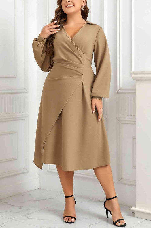 Plus Size Surplice Neck Long Sleeve Dress - AllIn Computer