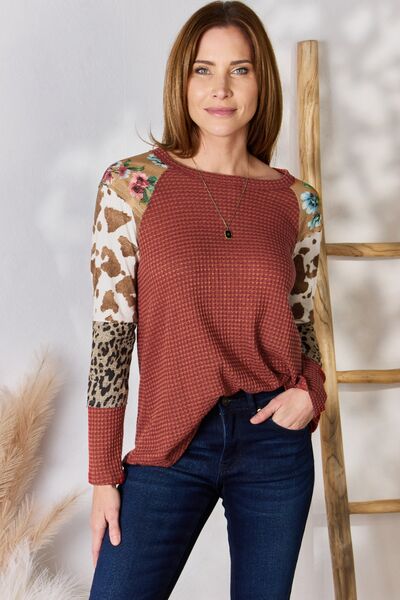 Hailey & Co Full Size Leopard Waffle-Knit Blouse - AllIn Computer