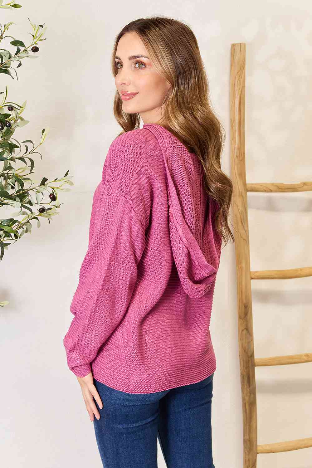 Double Take Ribbed Fringed V-Neck Hooded Sweater - AllIn Computer