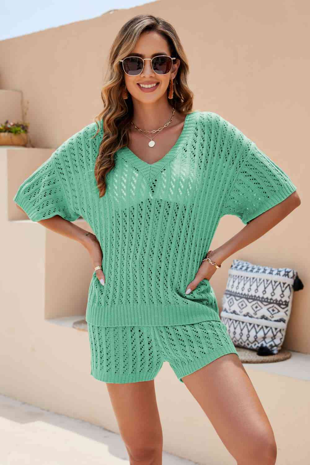 Openwork V-Neck Top and Shorts Set - AllIn Computer