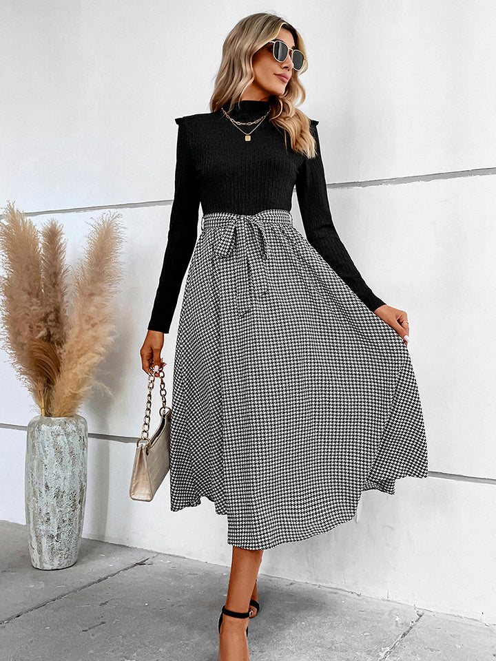 Ribbed Round Neck Long Sleeve Tie Waist Midi Dress - AllIn Computer