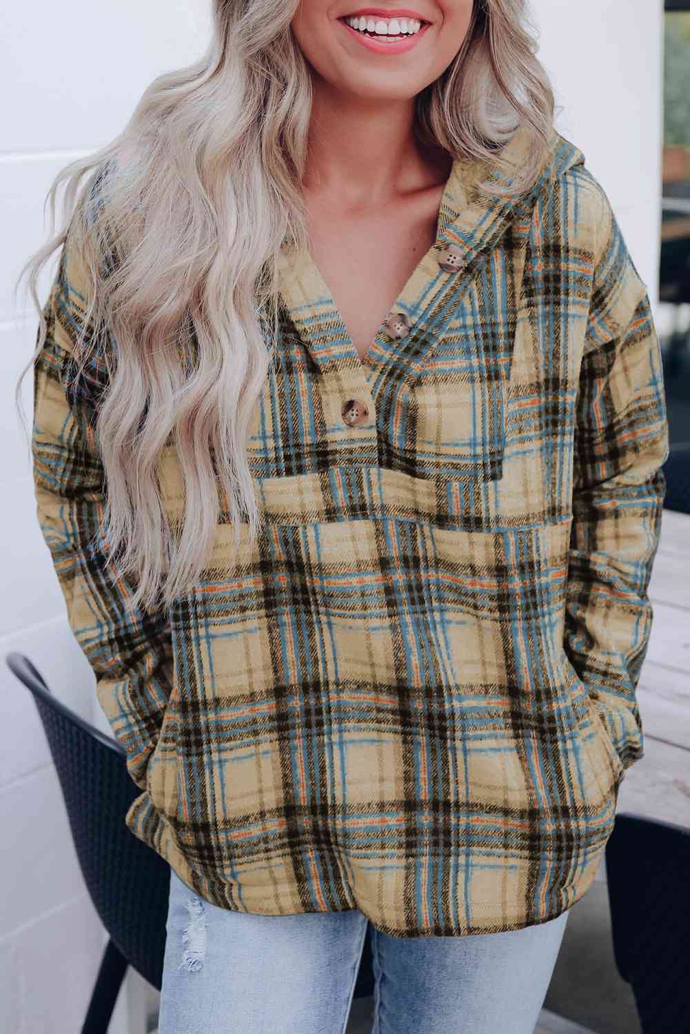 Plaid Long Sleeve Buttoned Hoodie - AllIn Computer