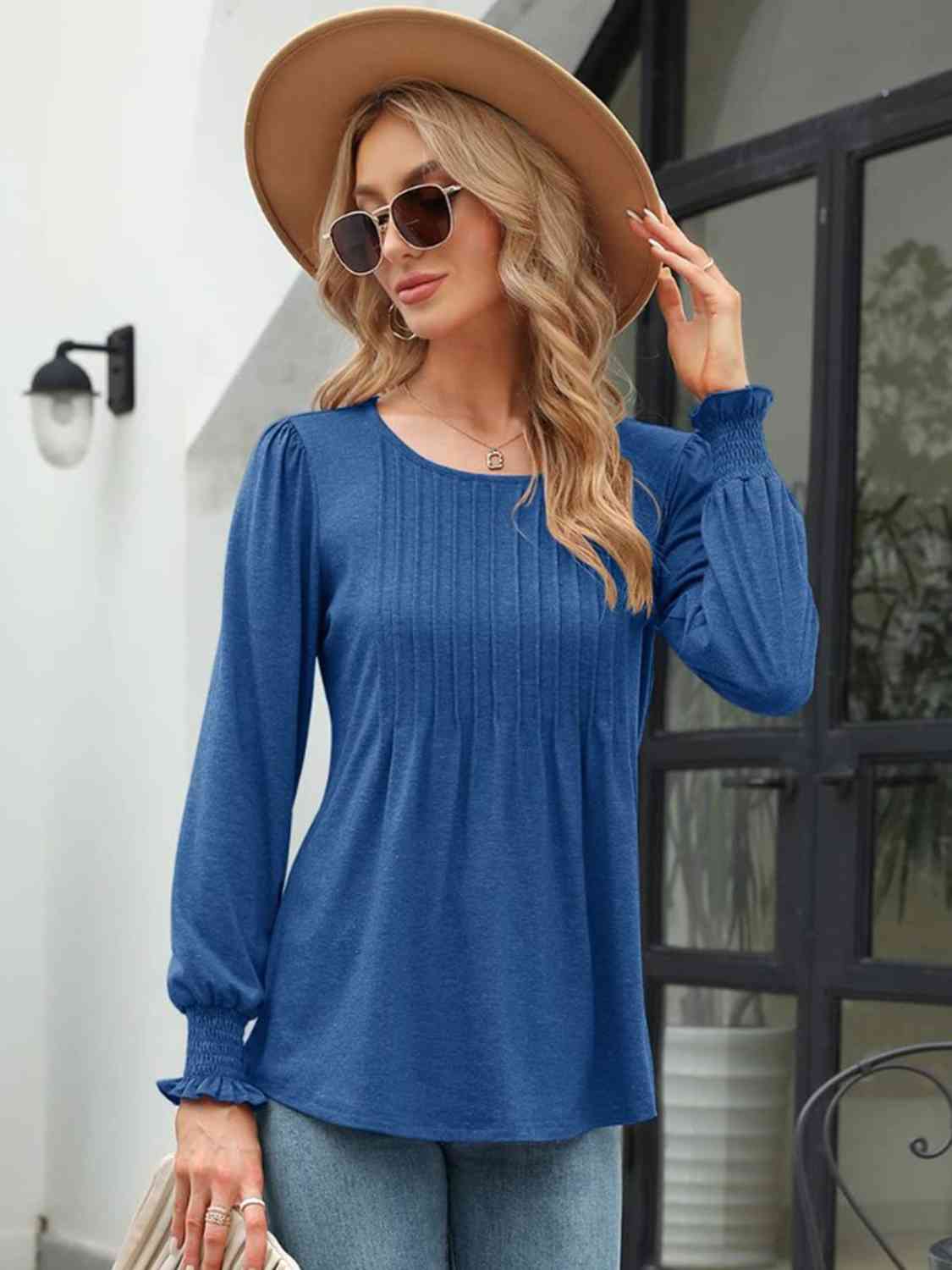 Smocked Round Neck Lantern Sleeve Blouse - AllIn Computer