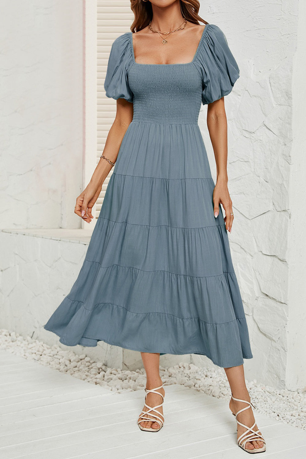 Smocked Square Neck Puff Sleeve Dress - AllIn Computer