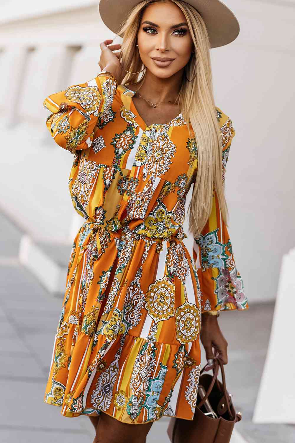 Printed Notched Neck Flounce Sleeve Dress - AllIn Computer
