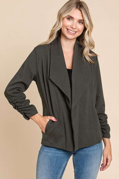 Culture Code Full Size Ruched Open Front Long Sleeve Jacket - AllIn Computer