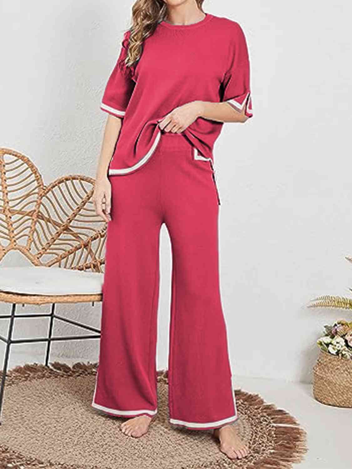 Contrast High-Low Sweater and Knit Pants Set - AllIn Computer