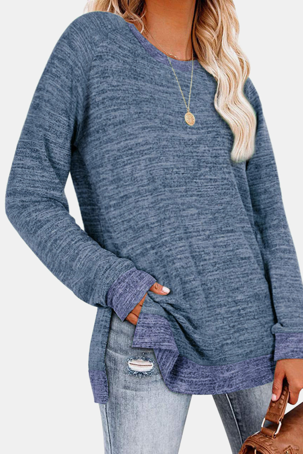Round Neck Long Sleeve Slit T-Shirt - AllIn Computer