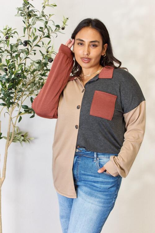Heimish Full Size Color Block Button Down Shacket | CLOTHING,SHOES & ACCESSORIES | 11/15/2023, button down jacket, Heimish, plus size, shacket, Ship from USA | Trendsi