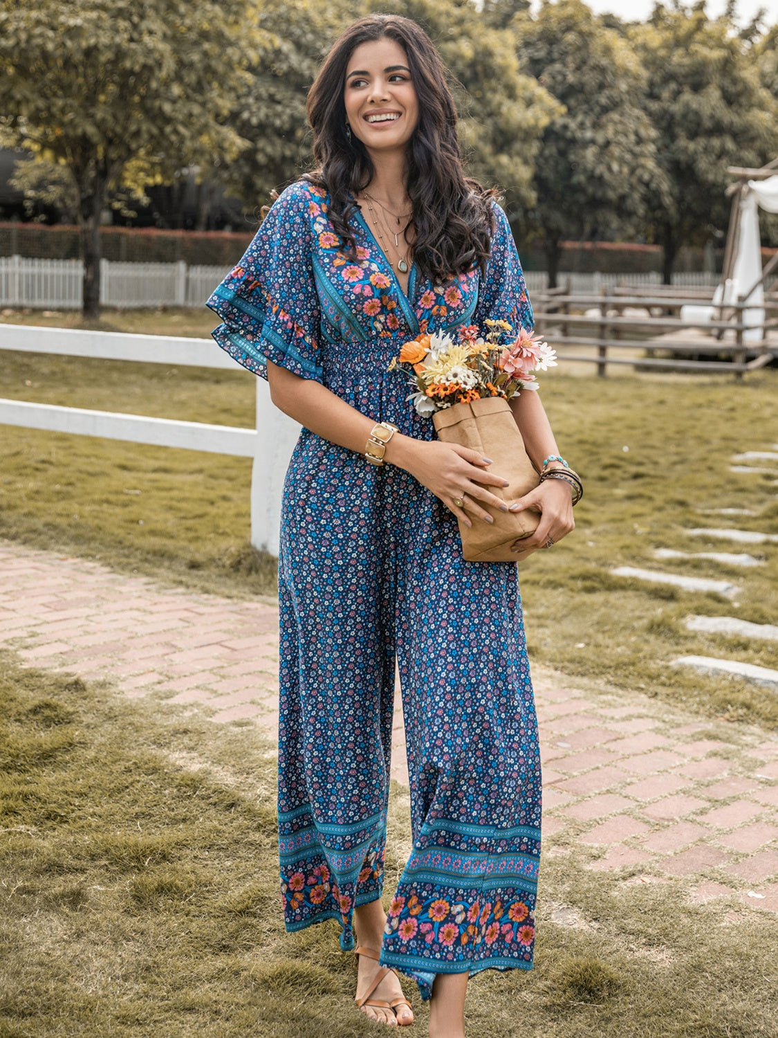 Floral Surplice Flutter Sleeve Jumpsuit - AllIn Computer
