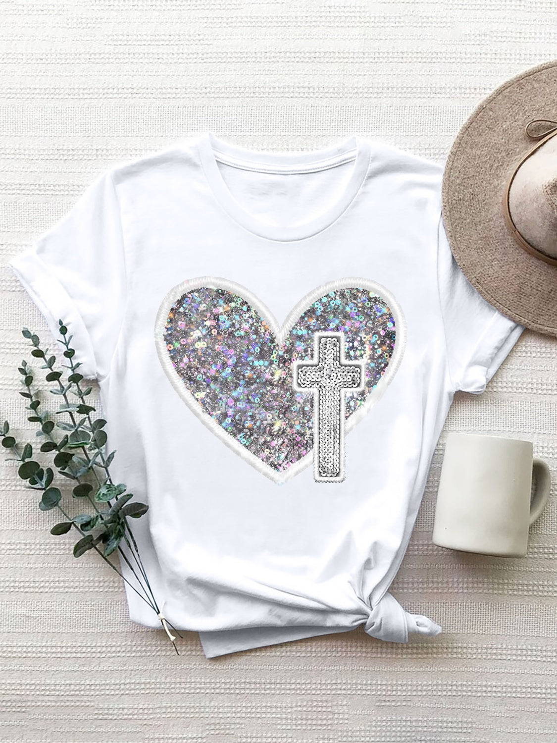 Sequin Heart Round Neck Short Sleeve T-Shirt - AllIn Computer