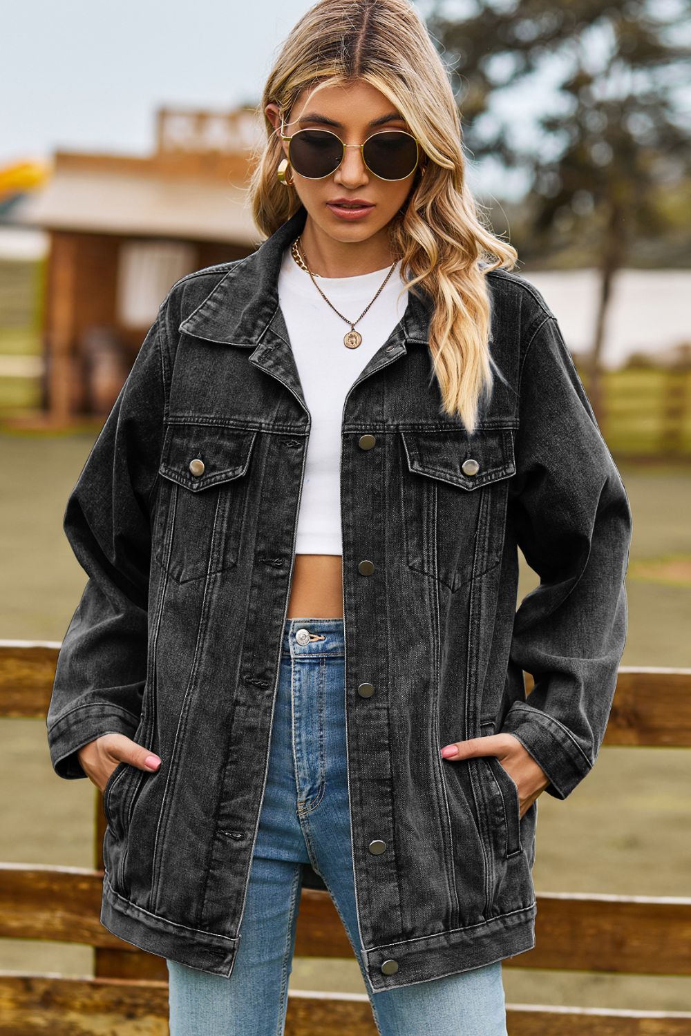 Buttoned Collared Neck Denim Jacket with Pockets | CLOTHING,SHOES & ACCESSORIES | denim, jacket, Manny, outerwear, Ship From Overseas, Shipping Delay 10/01/2023 - 10/03/2023, women's outerwear | Trendsi