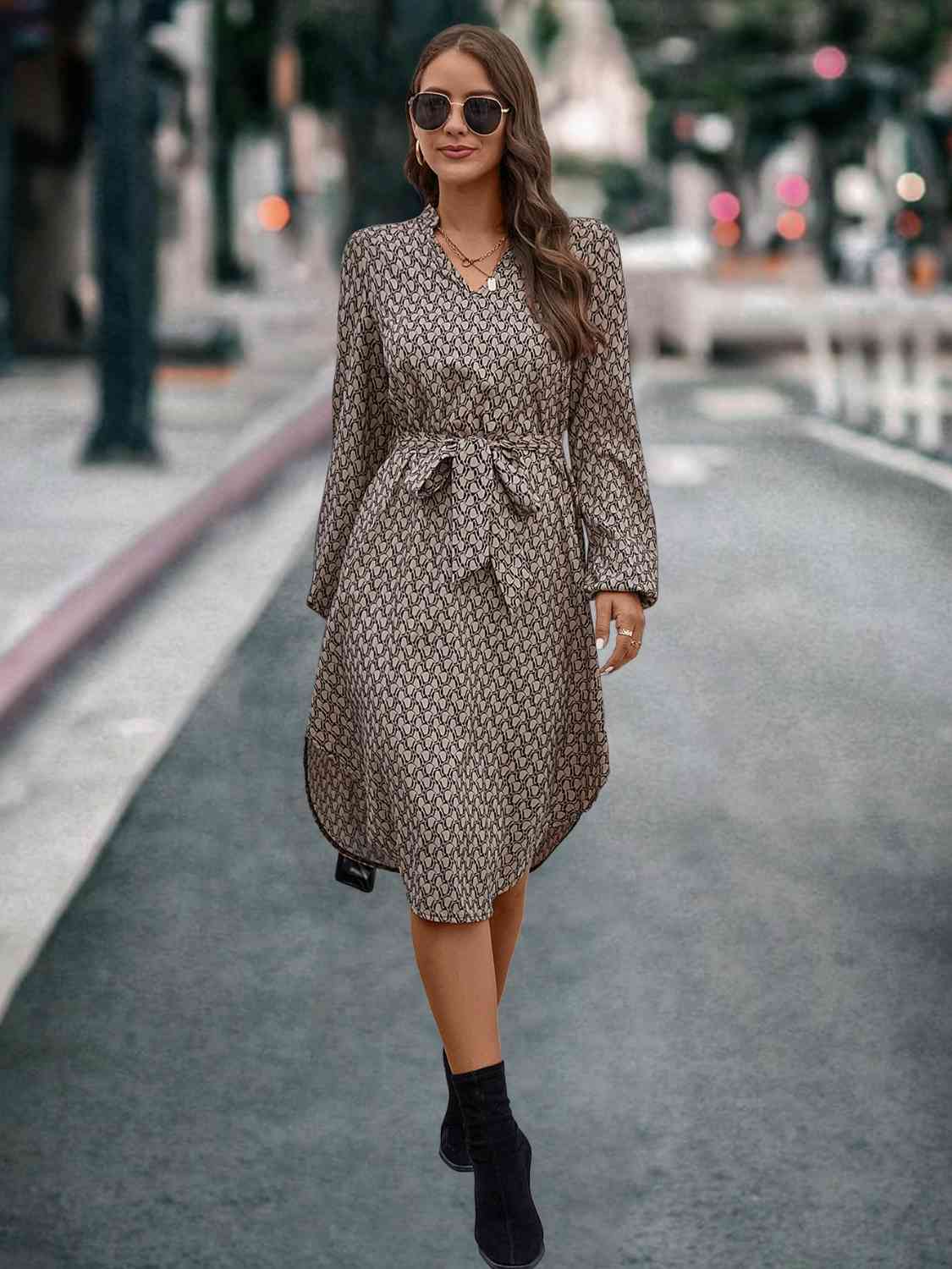 Printed Notched Tie Front Long Sleeve Dress - AllIn Computer