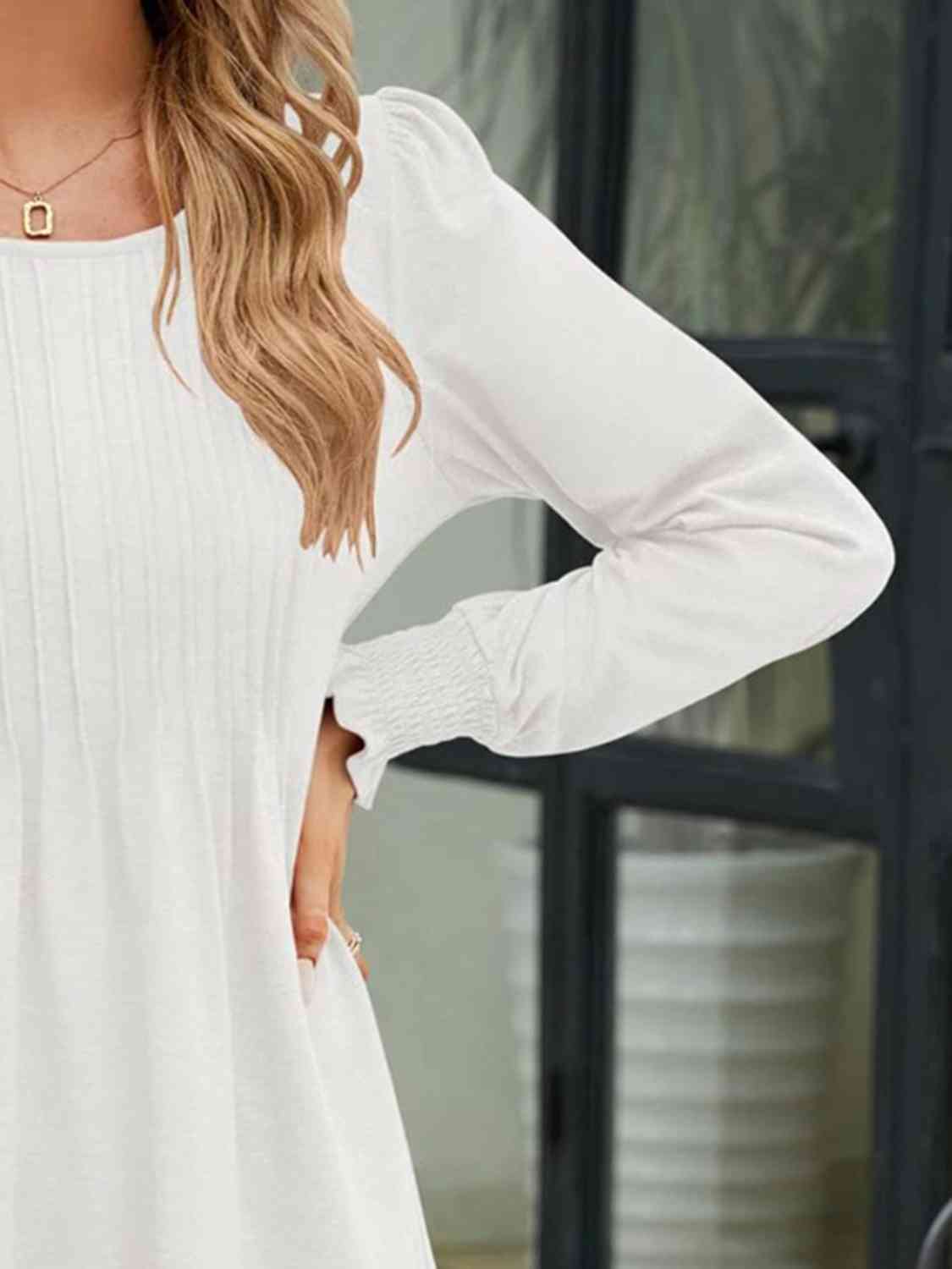 Smocked Round Neck Lantern Sleeve Blouse - AllIn Computer