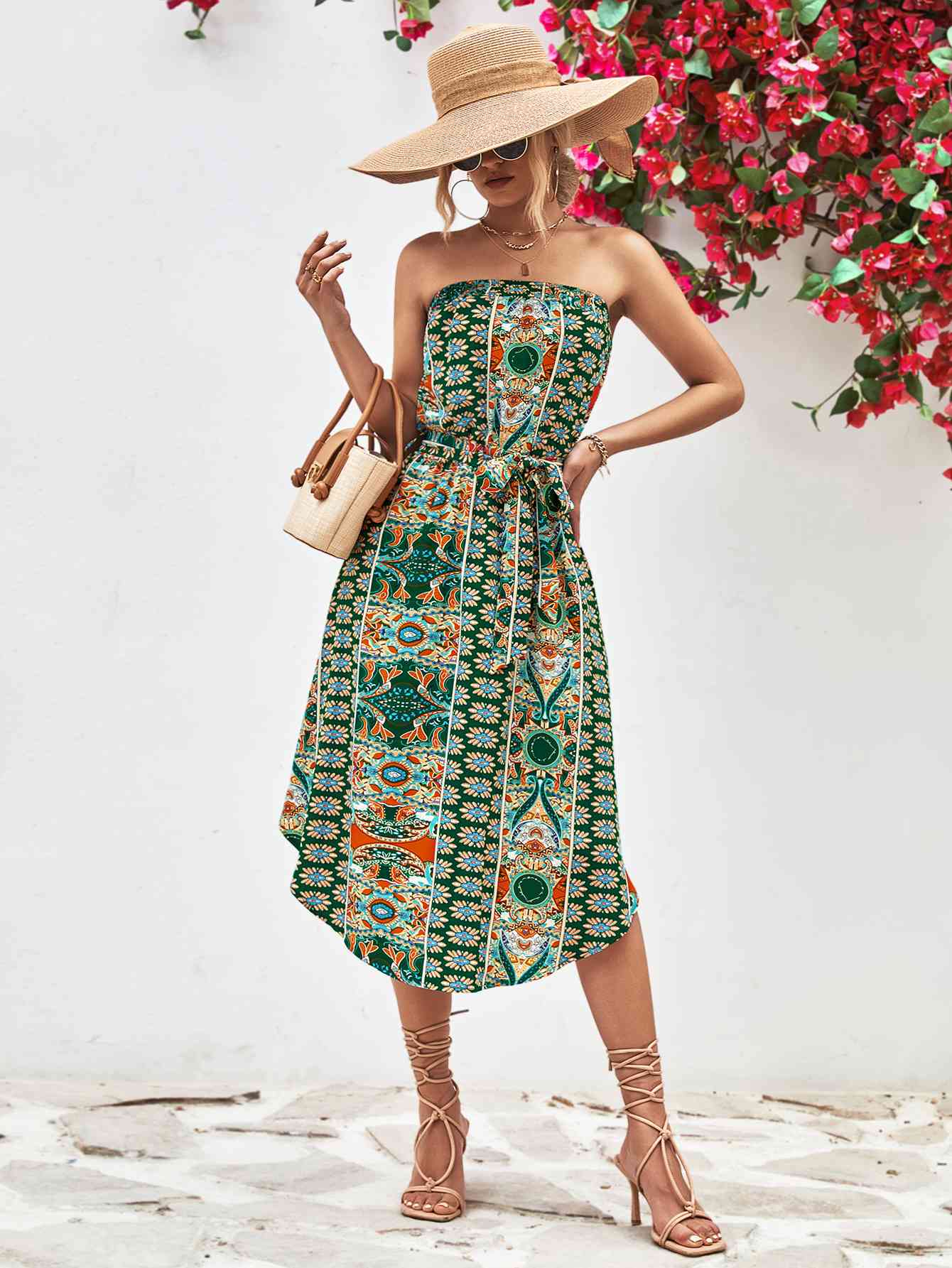 Printed Strapless Tie Belt Dress - AllIn Computer