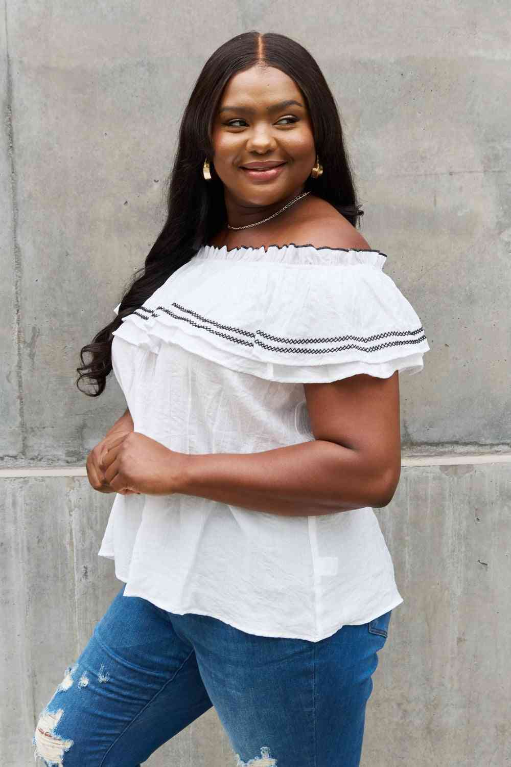 ODDI Full Size Off The Shoulder Ruffle Blouse - AllIn Computer