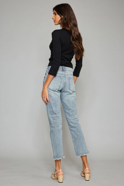 Kancan High Waist Button Fly Raw Hem Cropped Straight Jeans - AllIn Computer