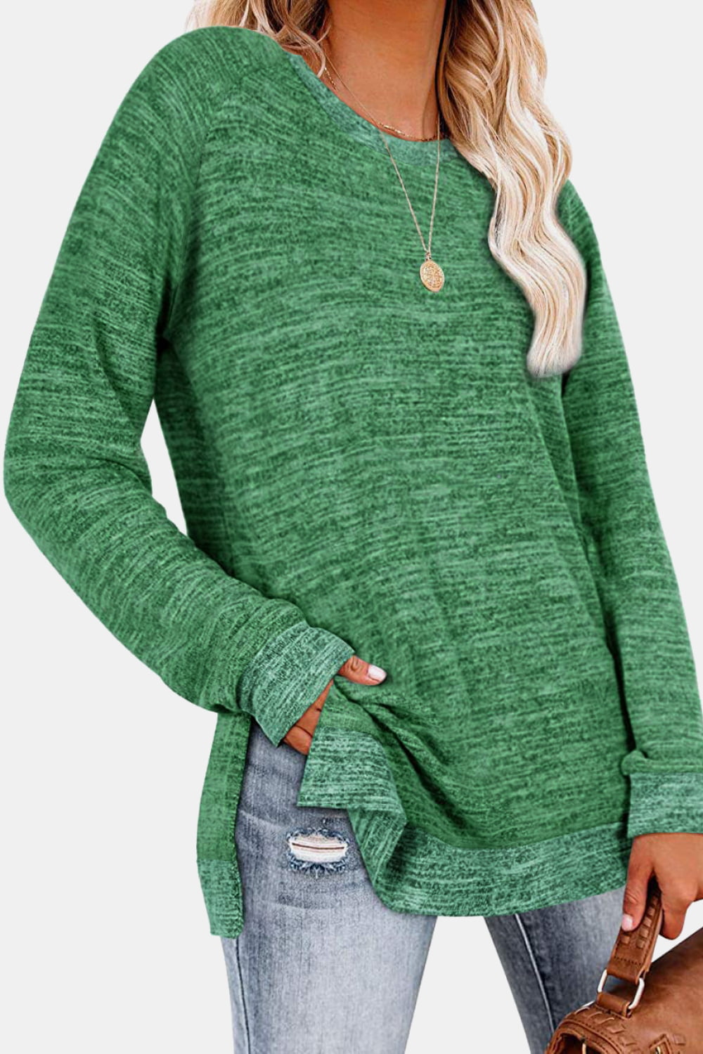Round Neck Long Sleeve Slit T-Shirt - AllIn Computer