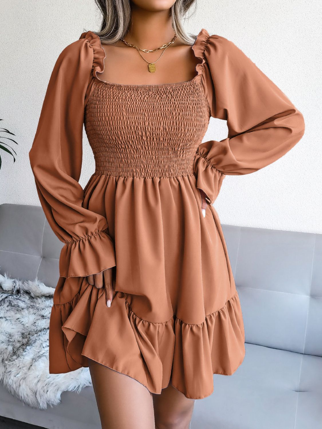 Smocked Flounce Sleeve Square Neck Dress - AllIn Computer