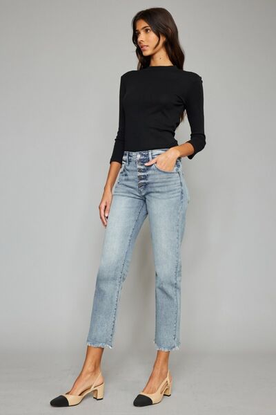 Kancan High Waist Button Fly Raw Hem Cropped Straight Jeans - AllIn Computer